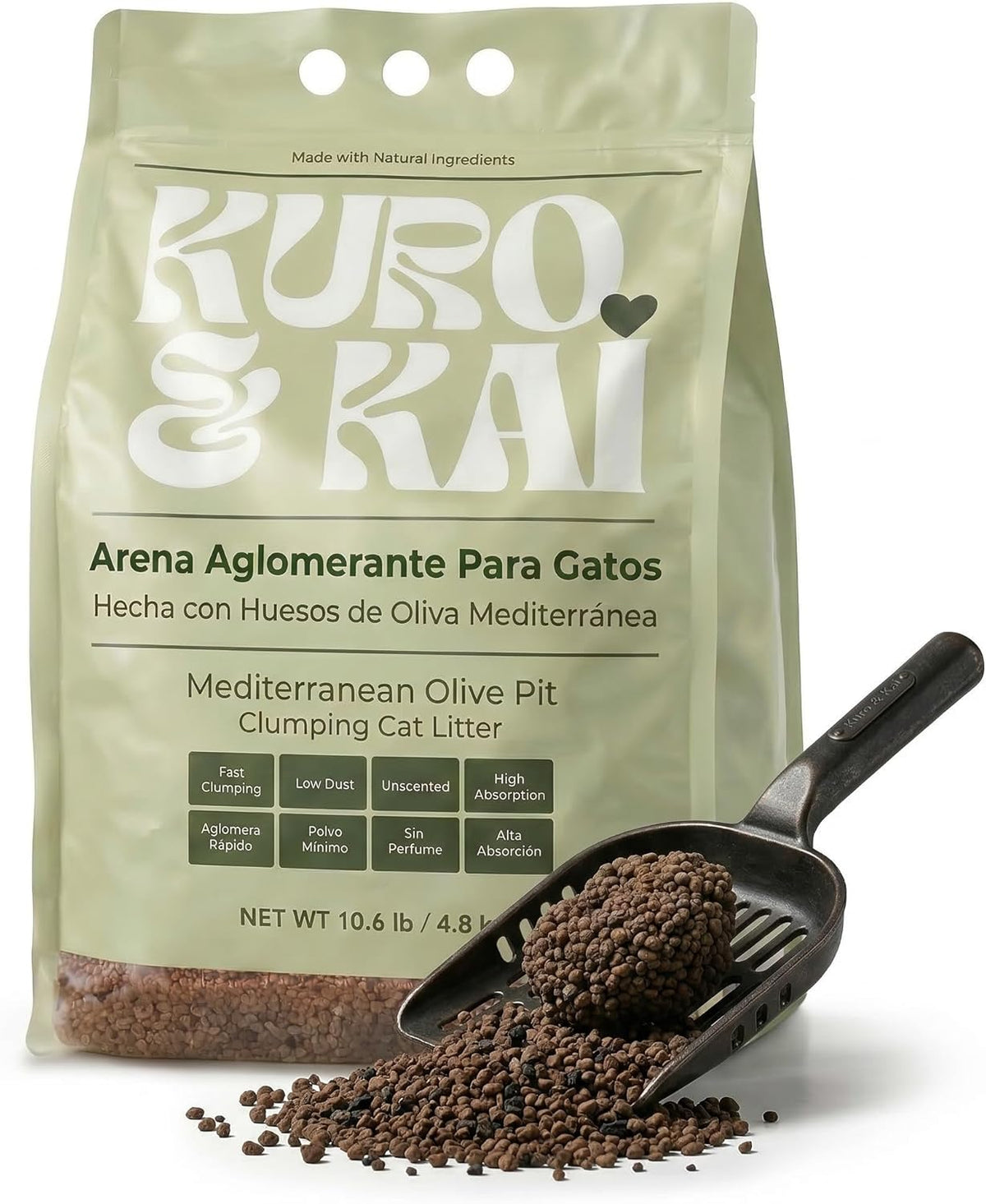 KURO & KAI Arena Natural para Gatos de Hueso de Oliva – Aglomerante, Sin Perfume, Carbón Activo, Poco Polvo, 4,8 kg